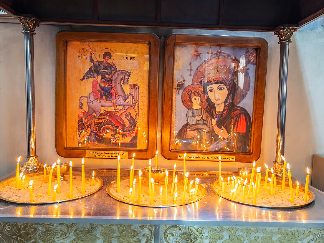 View of holy relics inside the early Byzantine Church of Saint George in Madaba, Jordan, Middle East\n