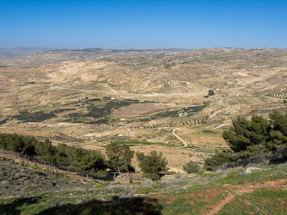 Mount Nebo, mentioned in the Bible as the place where Moses was granted a view of the Promised Land before his death, Jordan, Middle East\n