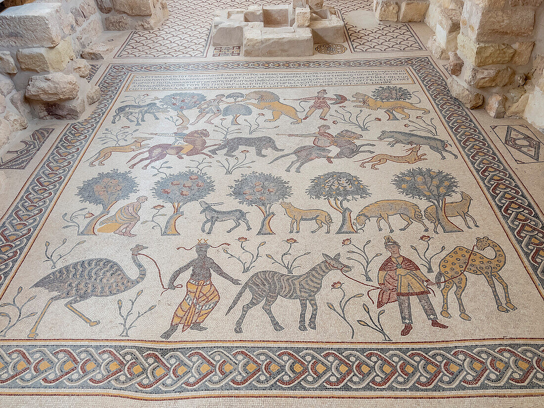 Mosaic floor in the Diaconicon-Baptistery from Byzantine times that stands on the top of Mount Nebo, Jordan, Middle East\n