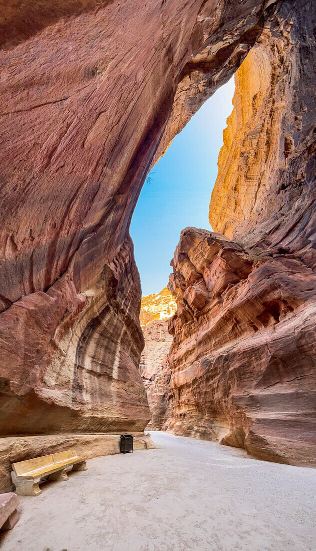 The Siq, entrance to Petra Archaeological Park, UNESCO World Heritage Site, one of the New Seven Wonders of the World, Petra, Jordan, Middle East\n