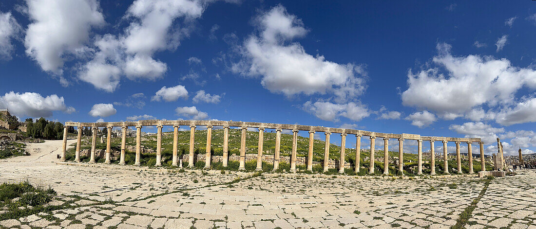 Columns of the Oval Plaza in the ancient city of Jerash, believed to be founded in 331 BC by Alexander the Great, Jerash, Jordan, Middle East\n