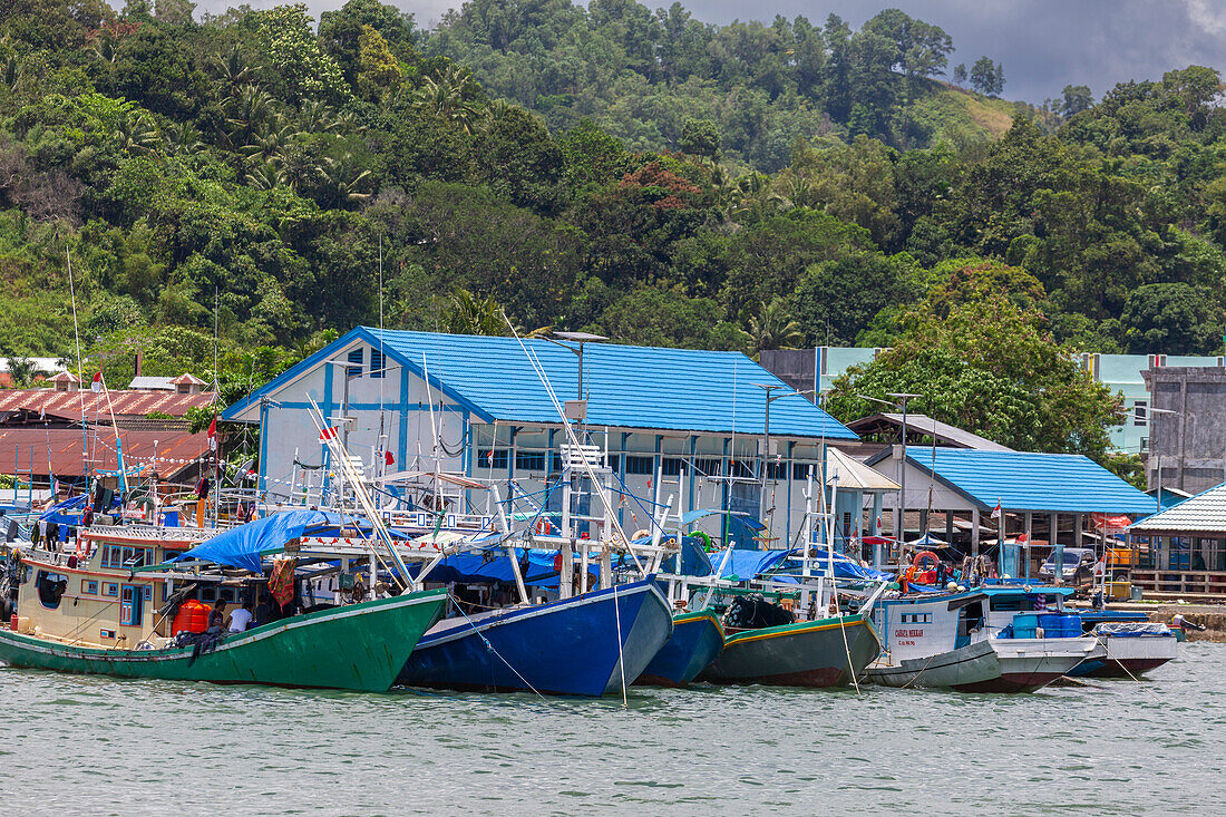 Boats and the harbor in the city of Sorong, the largest city and the capital of the Indonesian province of Southwest Papua, Indonesia, Southeast Asia, Asia\n
