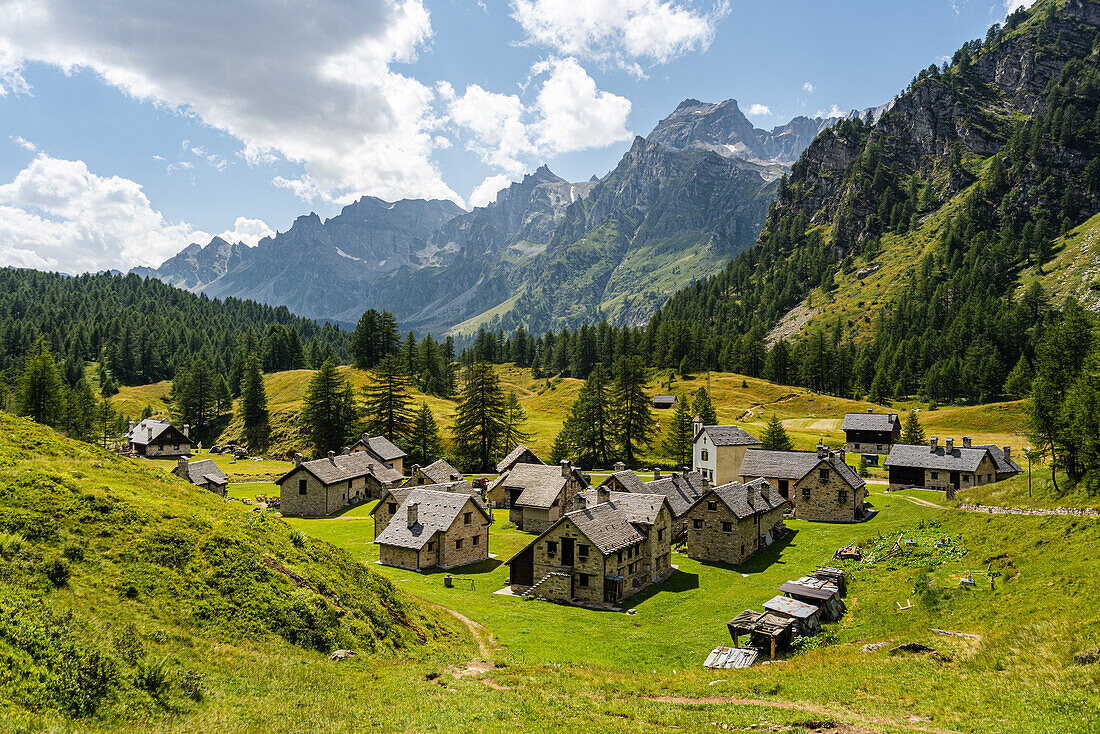 Skyline of the alpine village of Crampiolo, Piedmont, Northern Italy, Europe\n