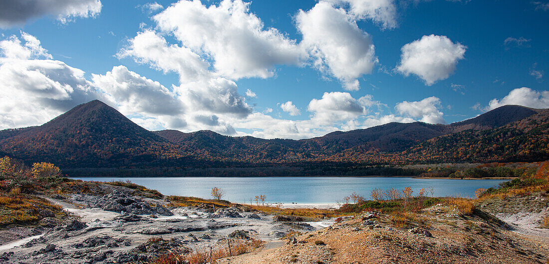 Volcanic panorama Lake Usori in autumn, Mutsu, Aomori prefecture, norhtern Honshu, Japan, Asia\n