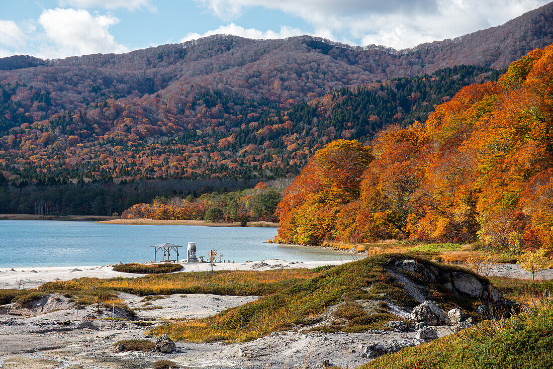 Schöne Herbstlandschaft mit feuerroten Blättern und zartblauem Vulkansee, Usori-See beim Osorezan Bodaiji-Tempel, Mutsu, Präfektur Aomori, Honshu, Japan, Asien