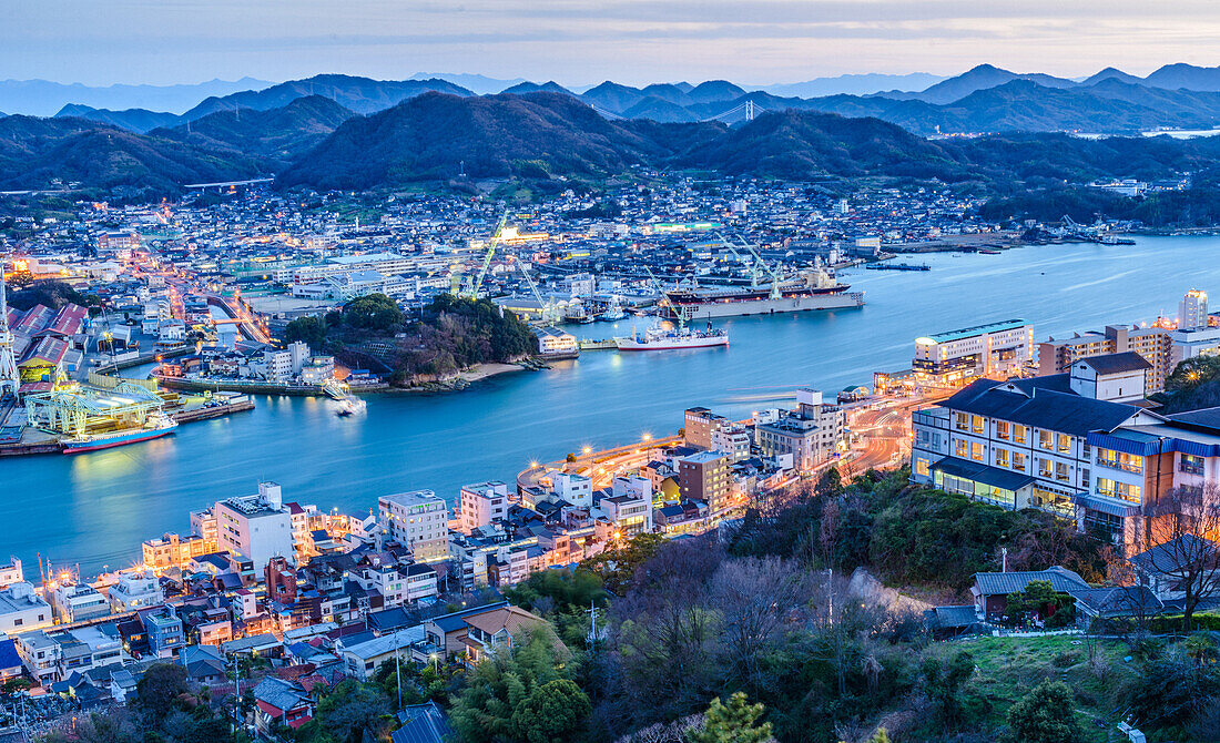 Skyline of Onomichi during blue hour, Onomichi, Honshu, Japan, Asia\n