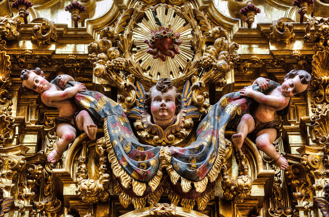 Sculptures, angels, altarpiece, 18th century Spanish Baroque style, Church of Santa Prisca de Taxco, founded 1751, UNESCO World Heritage Site, Taxco, Guerrero, Mexico, North America\n