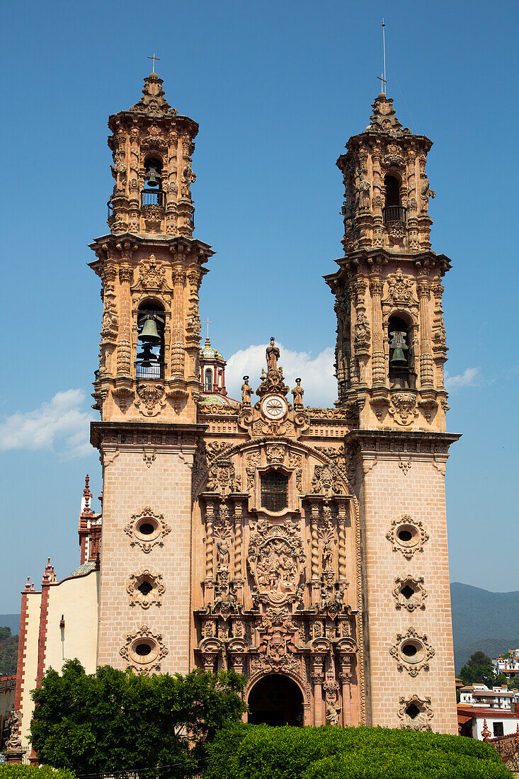 Türme im churrigueresken Stil, Kirche Santa Prisca de Taxco, gegründet 1751, UNESCO-Welterbe, Taxco, Guerrero, Mexiko, Nordamerika