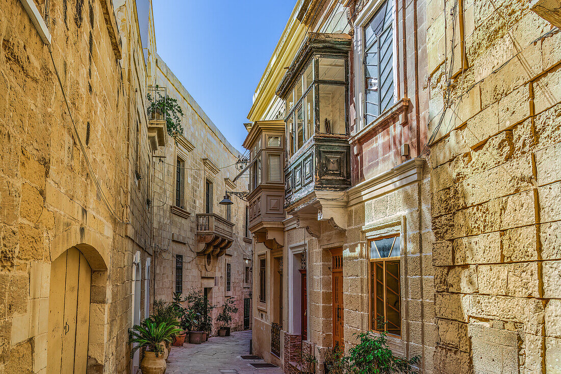 Traditional Maltese limestone buildings with coloured balconies in the vibrant alleys of the old city of Birgu (Citta Vittoriosa), Malta, Mediterranean, Europe\n