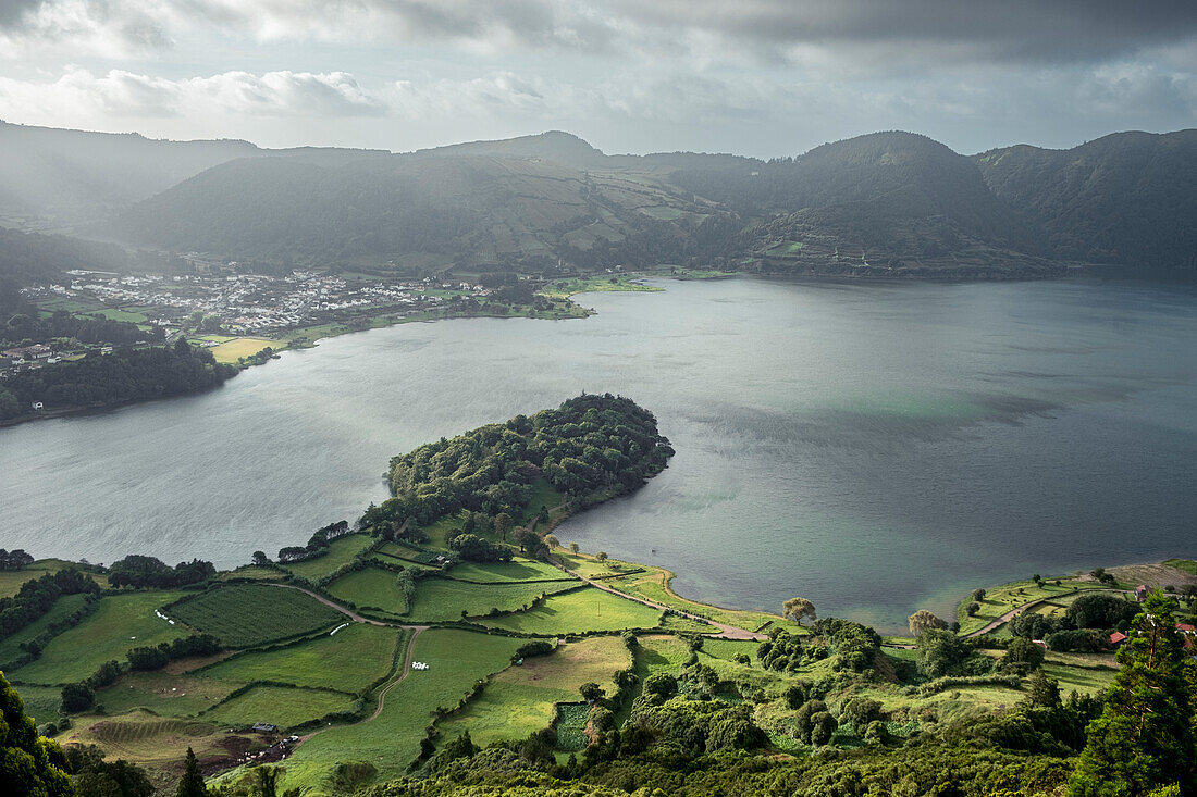 Miradouro do Cerrado das Freiras viewpoint on the huge volcanic crater that is now Lagoa Azul on Sao Miguel island, Azores Islands, Portugal, Atlantic, Europe\n