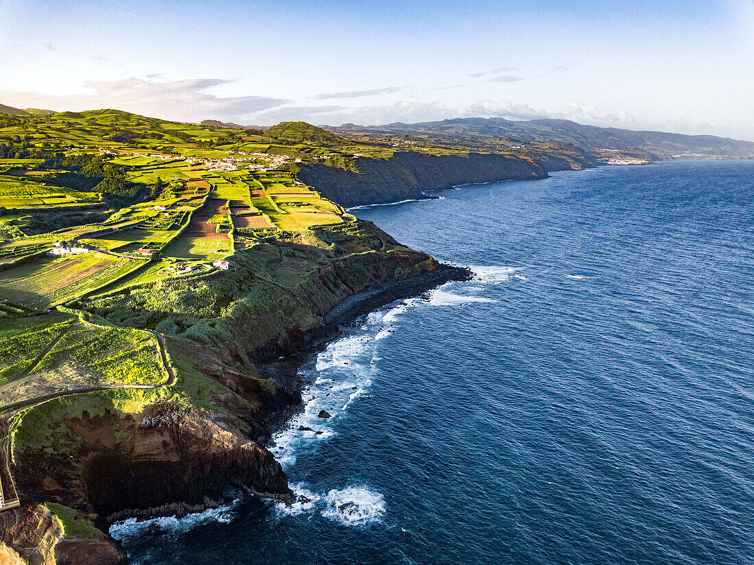 Aerial view of Sao Miguel shores and coastline, Azores Islands, Portugal, Atlantic, Europe\n