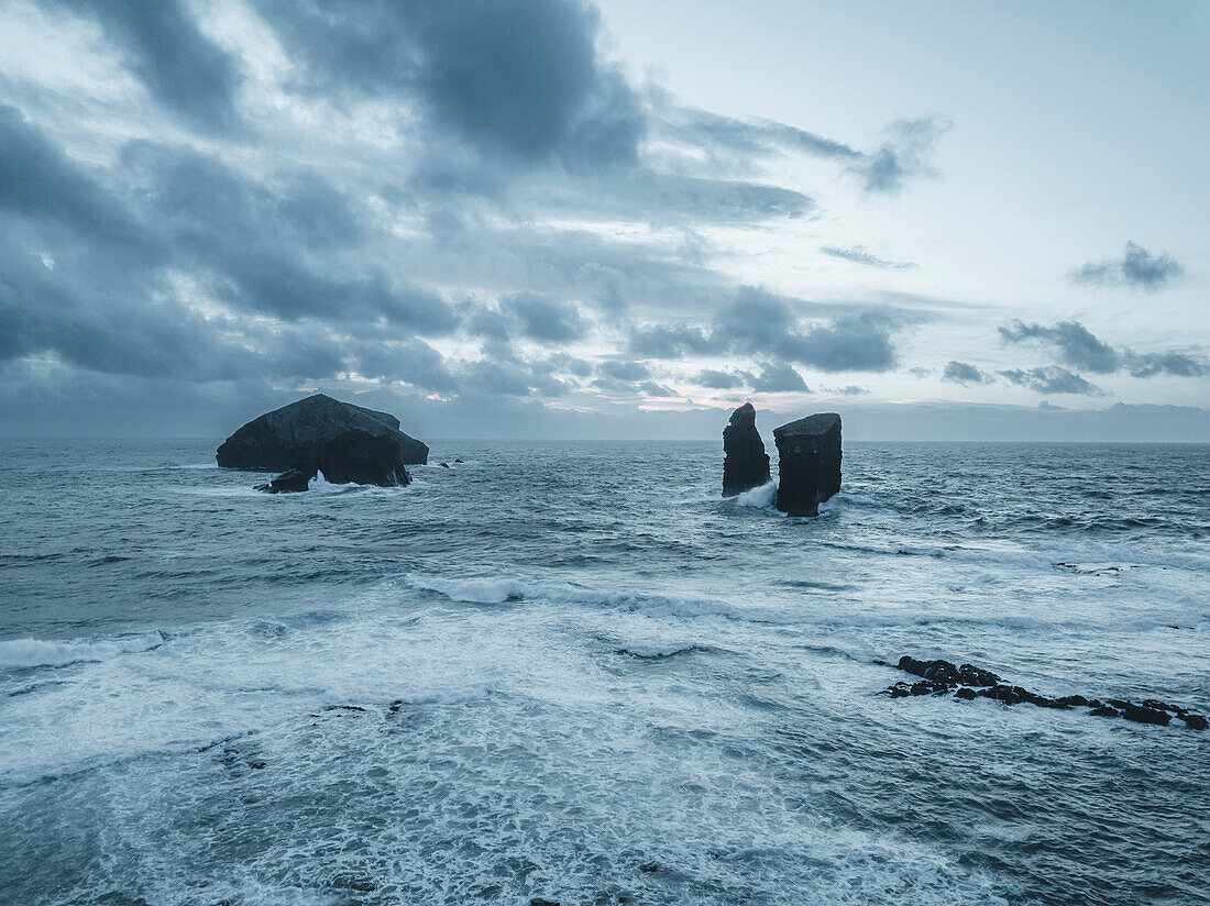 Aerial view of Mosteiros sea stacks with a stormy ocean, Sao Miguel Island, Azores Islands, Portugal, Atlantic, Europe\n