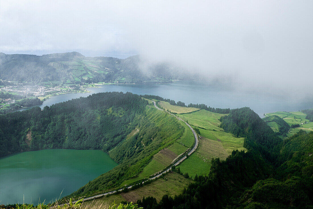 Miradouro da Grota do Inferno viewpoint over Sete Cidades and Lagoa Azul covered by low clouds, Sao Miguel Island, Azores Islands, Portugal, Atlantic, Europe\n