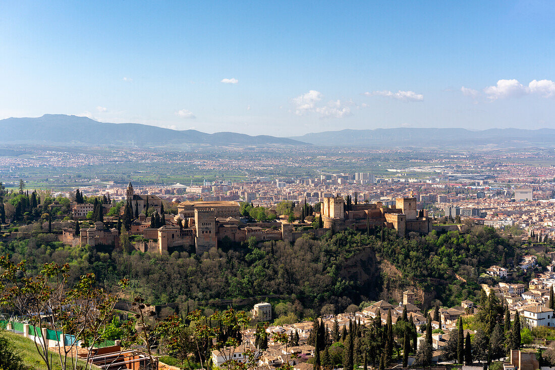 Alhambra Palace, UNESCO World Heritage Site, viewed on a sunny day, Granada, Andalusia, Spain, Europe\n