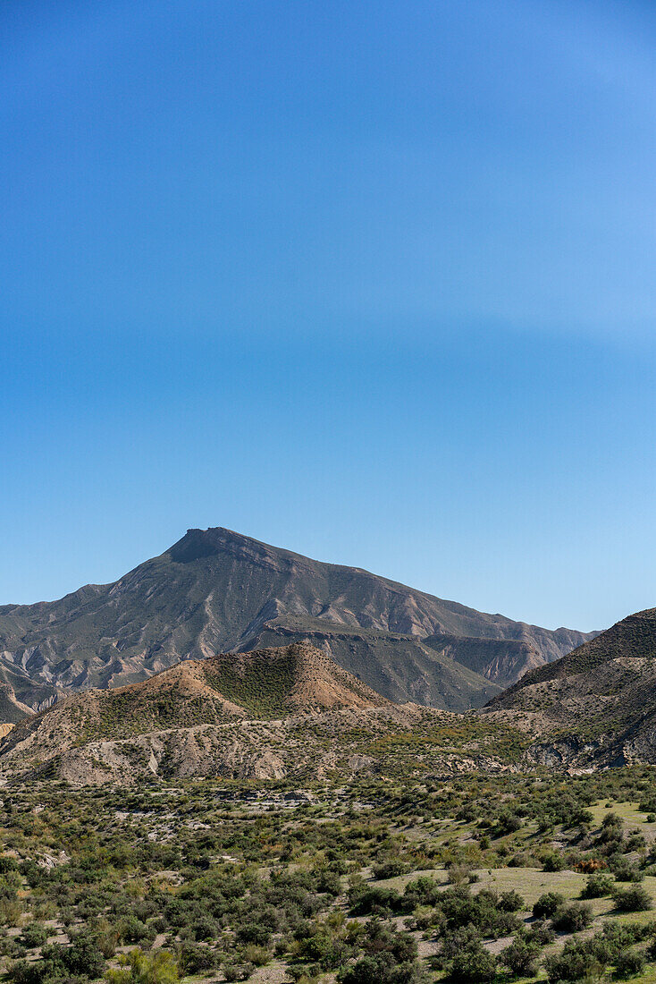 Tabernas desert landscape on a sunny day, Almeria, Andalusia, Spain, Europe\n