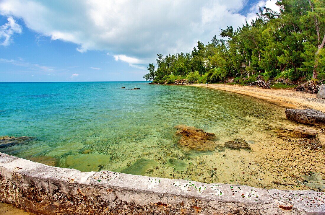 Glass Beach, site of large quantities of sea glass, from shipwrecks and bottles thrown into the sea from the Royal Navy Dockyard over hundreds of years, Bermuda, Atlantic, North America\n