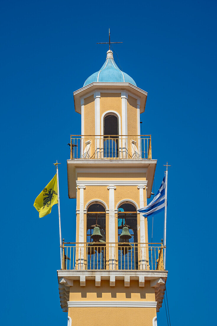 View of Church of Agios Spiridon in Argostoli, capital of Cephalonia, Argostolion, Kefalonia, Ionian Islands, Greek Islands, Greece, Europe\n