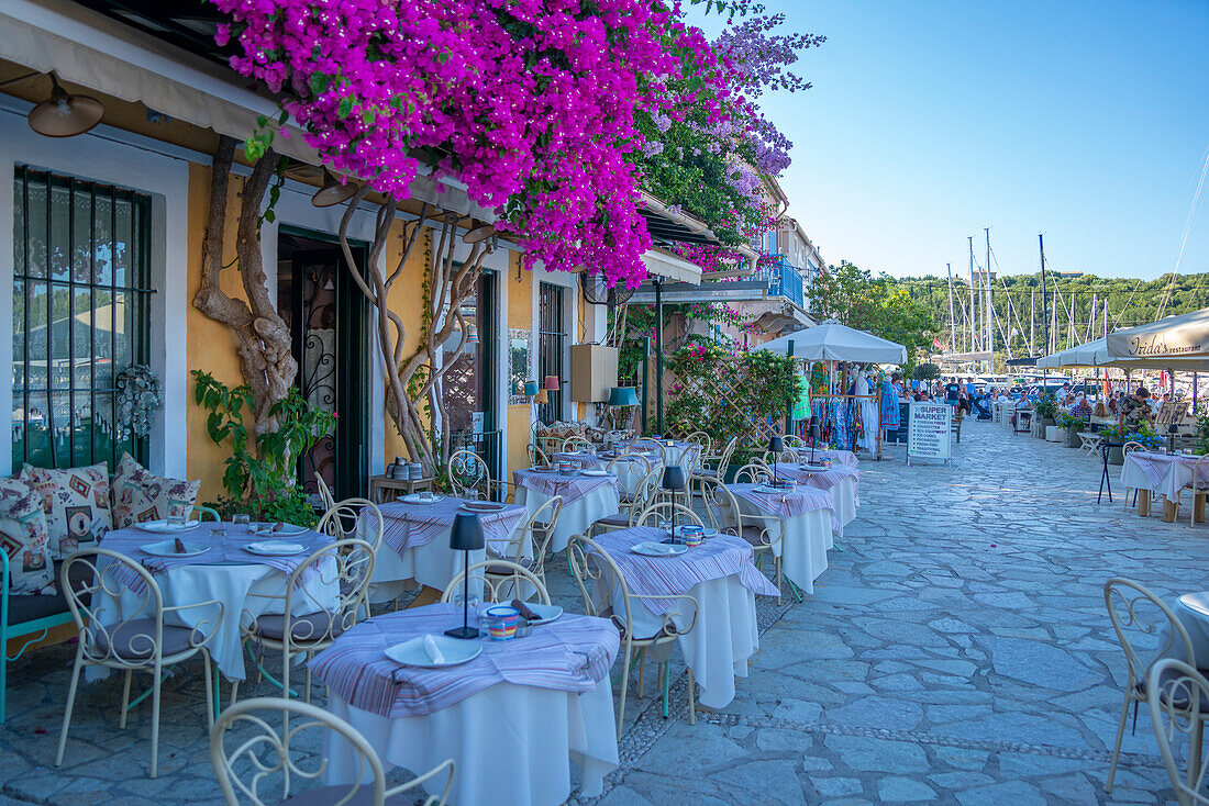 View of restaurant in Fiscardo harbour, Fiscardo, Kefalonia, Ionian Islands, Greek Islands, Greece, Europe\n