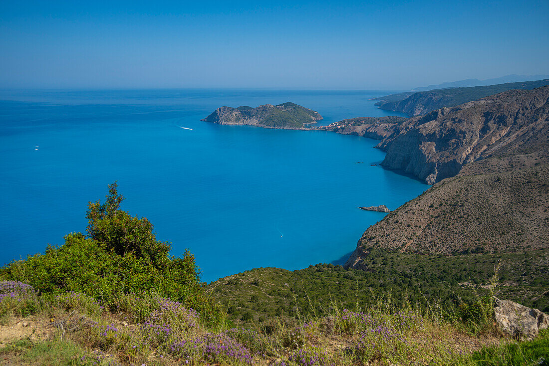 View of coastline, sea and Assos from near Agkonas, Kefalonia, Ionian Islands, Greek Islands, Greece, Europe\n