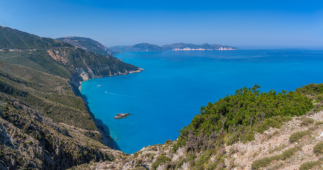 View of coastline, sea and hills from near Agkonas, Kefalonia, Ionian Islands, Greek Islands, Greece, Europe\n