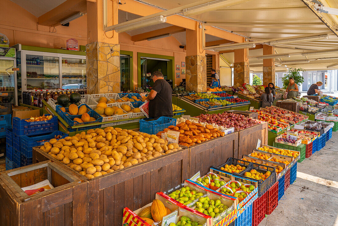 View of fruit stall in Argostoli, capital of Cephalonia, Argostolion, Kefalonia, Ionian Islands, Greek Islands, Greece, Europe\n