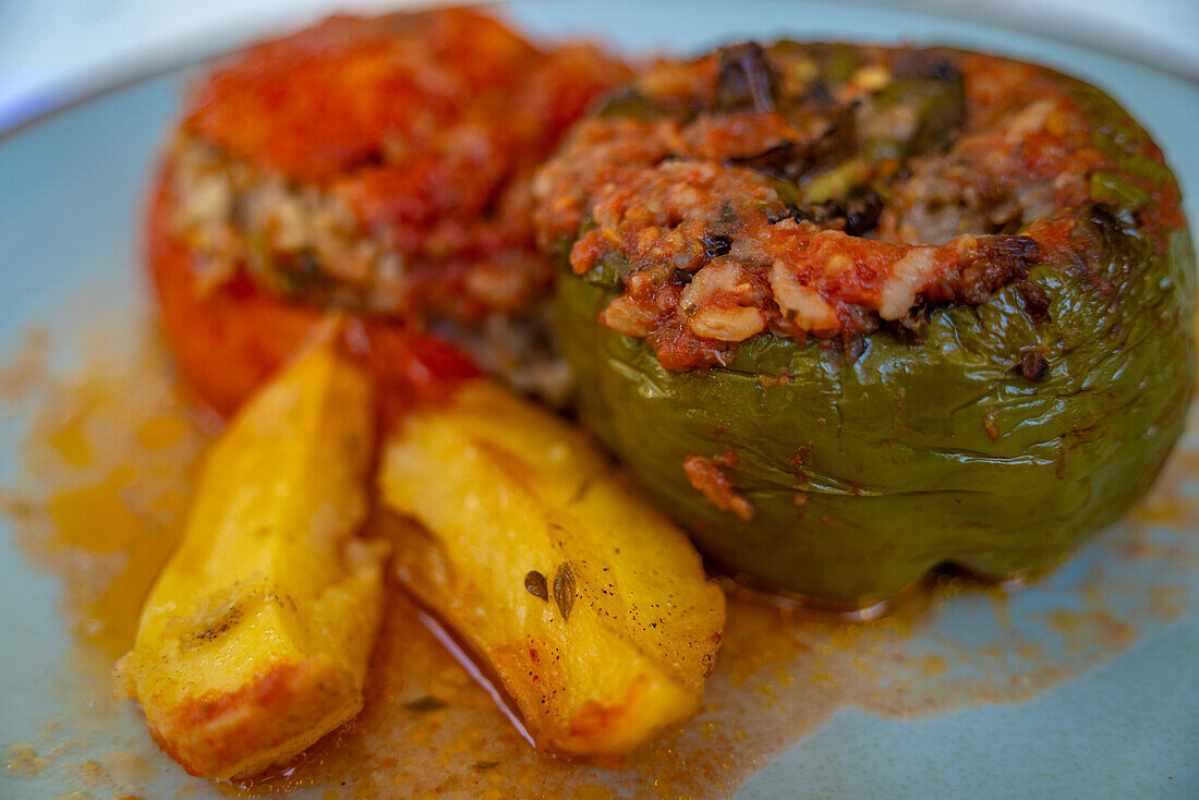 Yemista Greek stuffed peppers, Skala, Kefalonia, Ionian Islands, Greek Islands, Greece, Europe\n