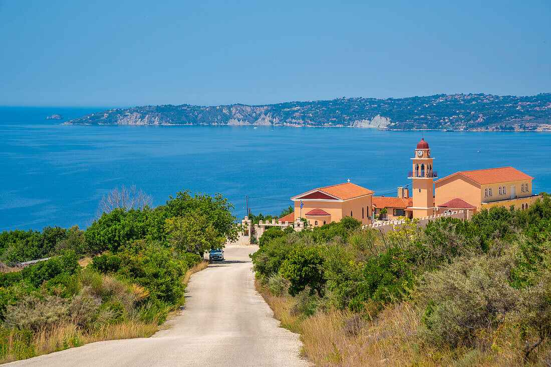 View of Holy Monastery of the Most Holy Theotokos of Sissia near Lourdata, Kefalonia, Ionian Islands, Greek Islands, Greece, Europe\n