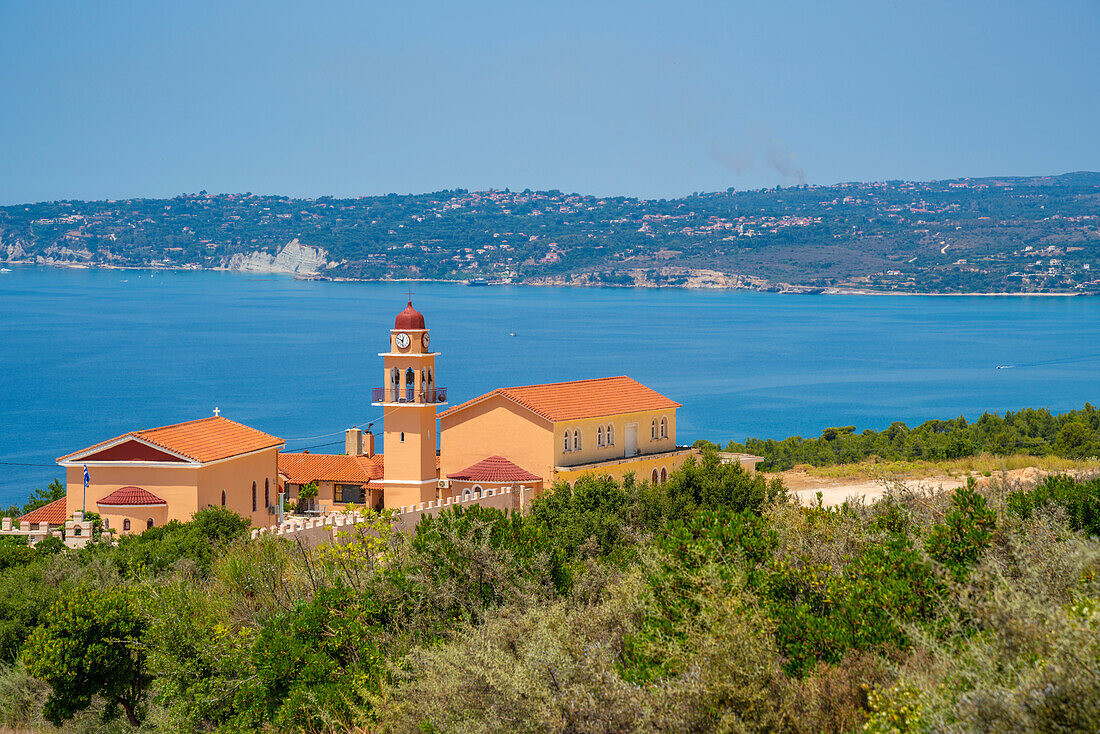 View of Holy Monastery of the Most Holy Theotokos of Sissia near Lourdata, Kefalonia, Ionian Islands, Greek Islands, Greece, Europe\n