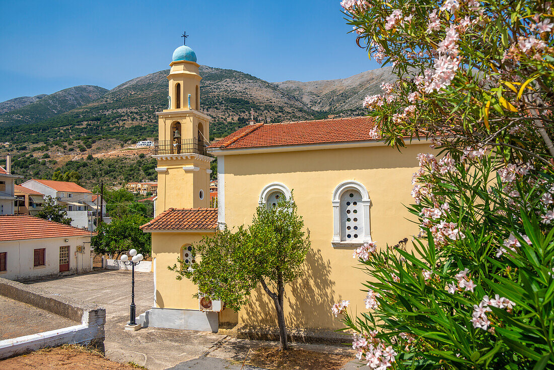 View of Church of Agia Efimia bell tower in Agia Effimia, Kefalonia, Ionian Islands, Greek Islands, Greece, Europe\n