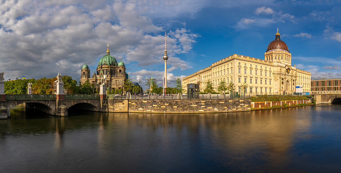 View of Berlin Cathedral, Berliner Fernsehturm, Berliner Schloss and Spree river, Museum Island, Mitte, Berlin, Germany, Europe\n