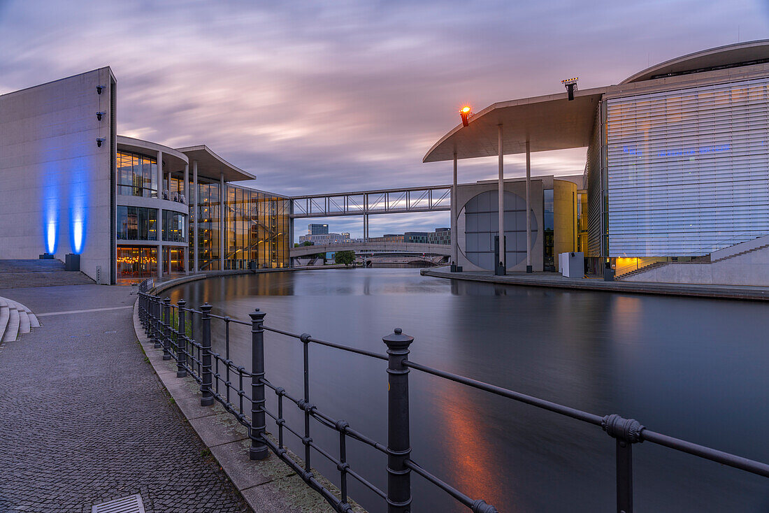 View of the River Spree and the Marie-Elisabeth-LALders-Haus at sunset, German Parliament building, Mitte, Berlin, Germany, Europe\n