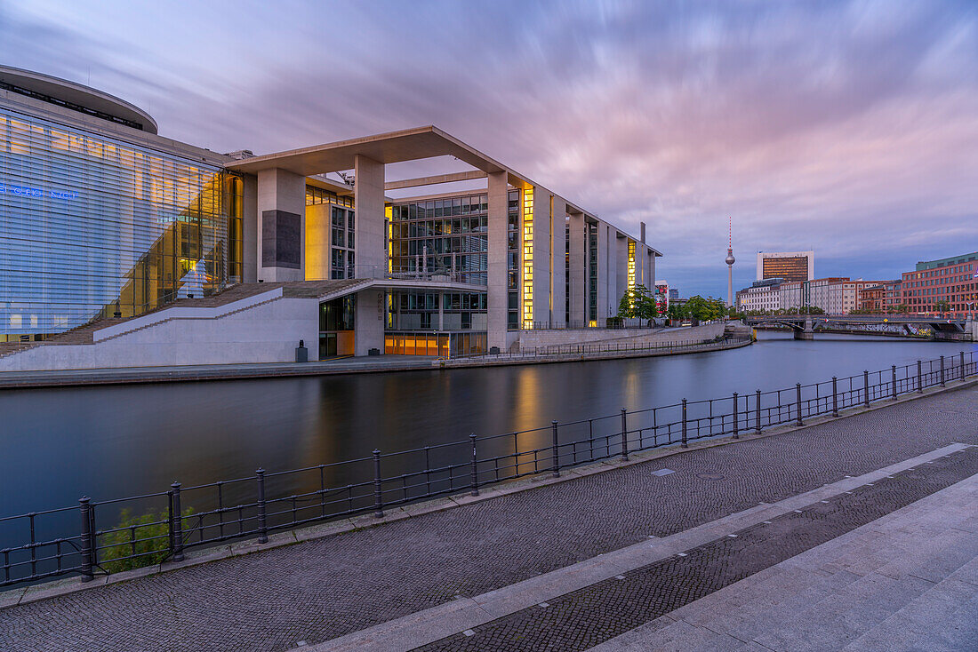 View of the River Spree and the Marie-Elisabeth-Luders-Haus at sunset, German Parliament building, Mitte, Berlin, Germany, Europe\n