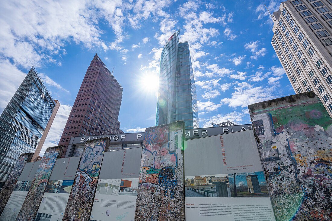 View of Berlin Wall segments and buildings on Potsdamer Platz, Mitte, Berlin, Germany, Europe\n