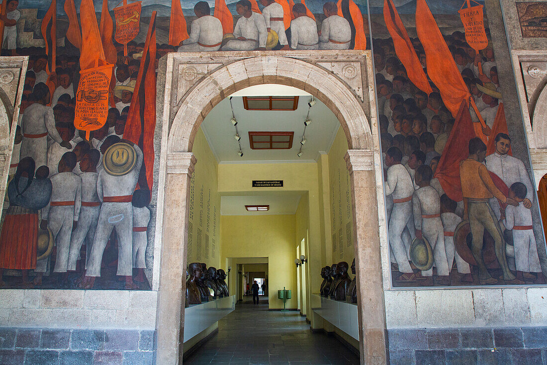 Entrance to Row of Busts of famous people, with murals by Diego Rivera, Secretaria de Educacion Building, Mexico City, Mexico, North America\n