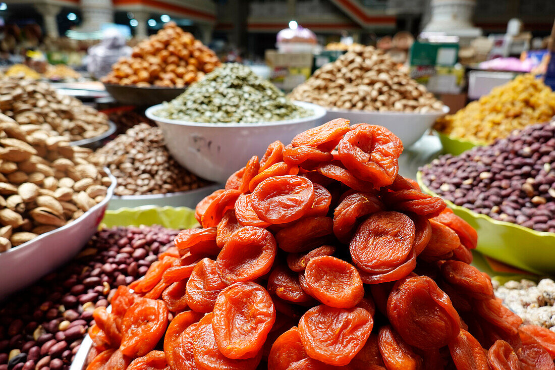 Dried apricots for sale, Central Market, Dushanbe, Tajikistan, Central Asia, Asia\n