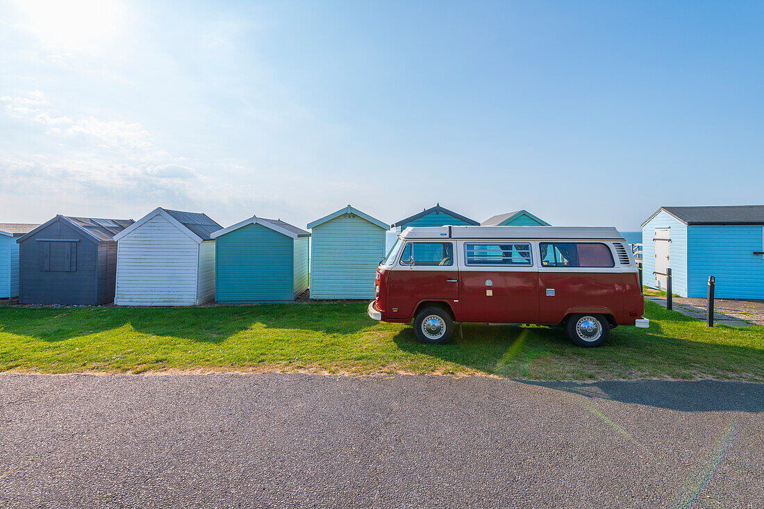 Beach Huts and VW T2 Baywindow Campervan, Felixstowe, Suffolk, England, United Kingdom, Europe\n