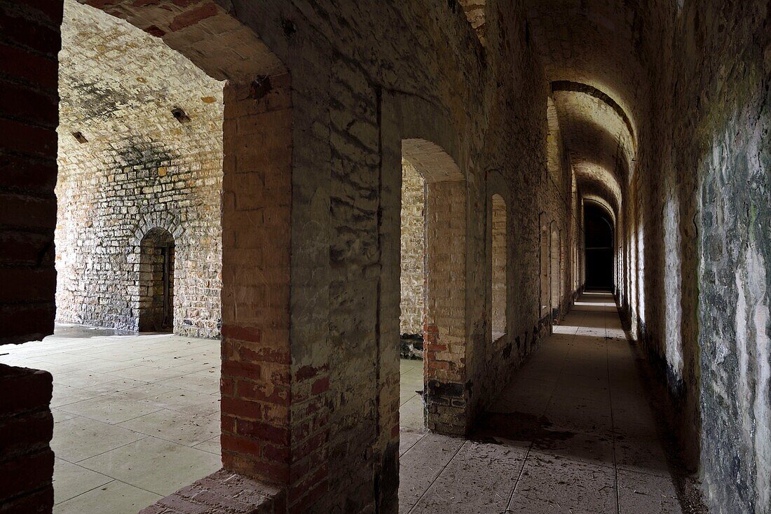 France, Territoire de Belfort, Danjoutin, Fort des Basses Perches built in the 19th century, passage to the back of the chambers of the main barracks\n