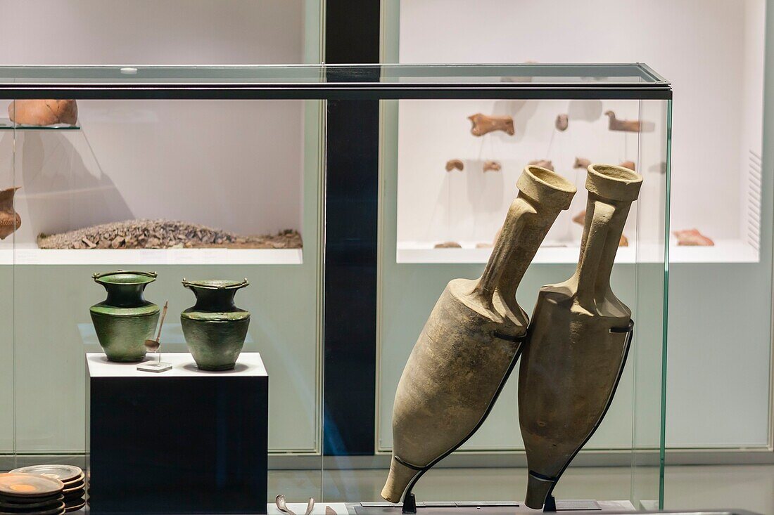 France, Gard, Nimes, Musee de la Romanite by architect Elizabeth de Portzamparc, terracotta wine amphora\n