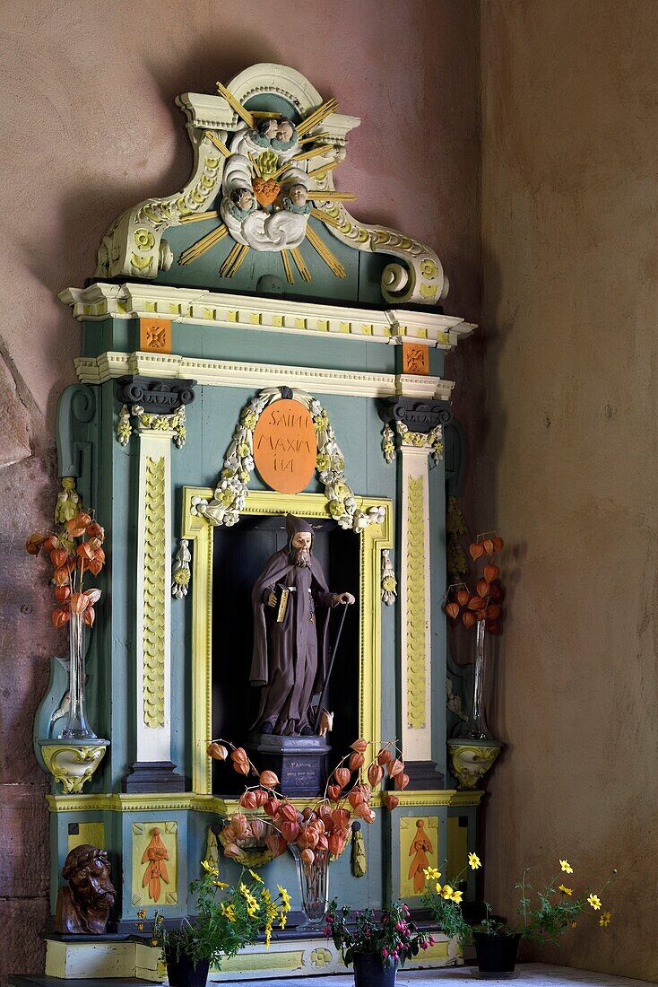 France, Haut Rhin, Sainte Croix aux Mines, hamlet of Petit Rombach, Saint Antoine chapel date 13th and 20th centuries, side altar, Saint Antoine statue\n