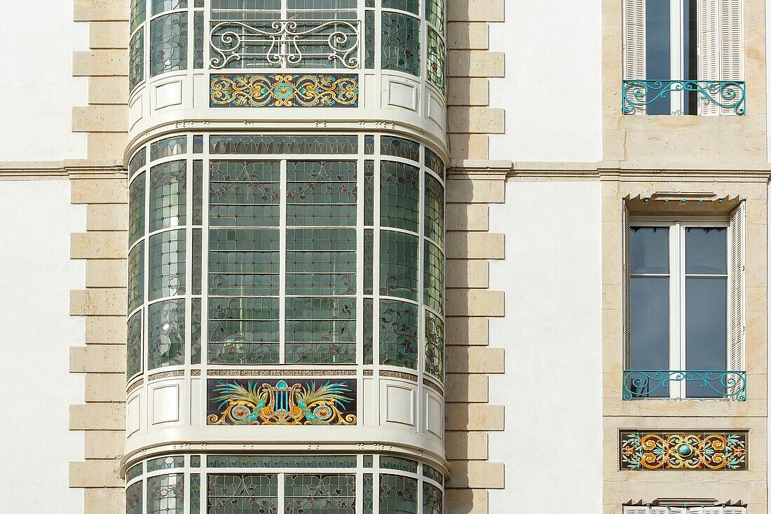 France, Meurthe et Moselle, Nancy, facade of an apartment building in Art Nouveau style in Rue de l'Armee Patton (Patton's army street)\n