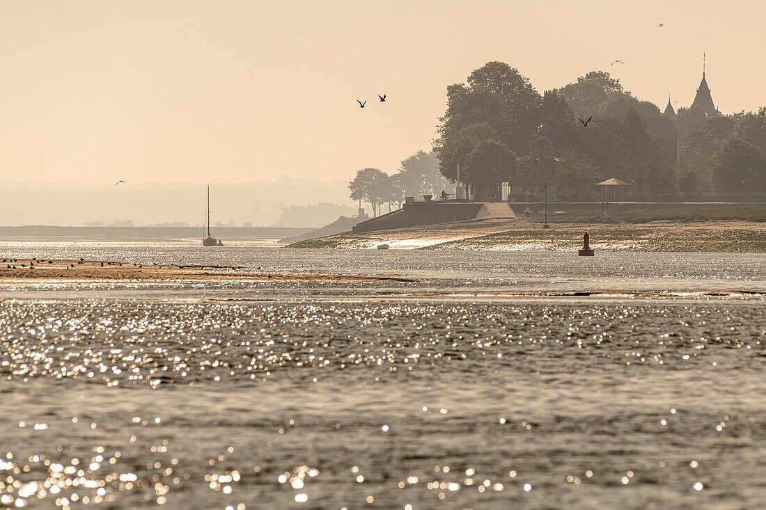 Frankreich, Somme, Somme-Bucht, Saint-Valery-sur-Somme, Kap Hornu, Saint-Valery und der Kanal der Somme vom Kap Hornu aus gesehen