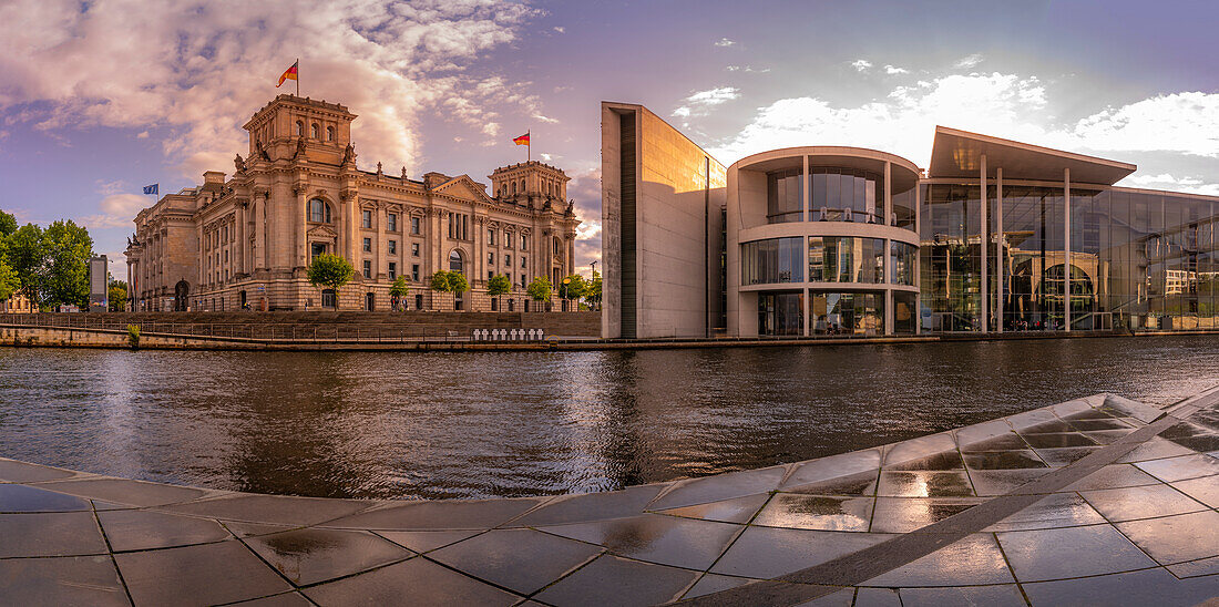 View of the River Spree and the Reichstag (German Parliament) and Paul Loebe Building at sunset, Mitte, Berlin, Germany, Europe\n