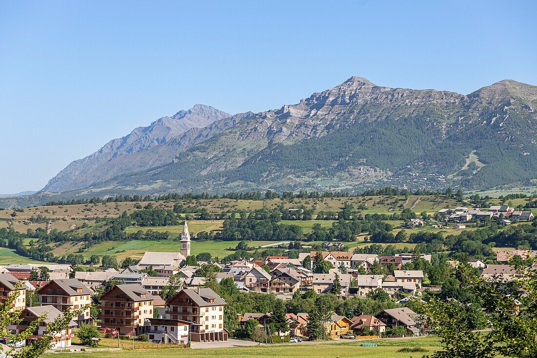 France, Hautes Alpes, Ecrins National Park, Champsaur Valley, Ancelle, the village and the massif of Ecrins\n