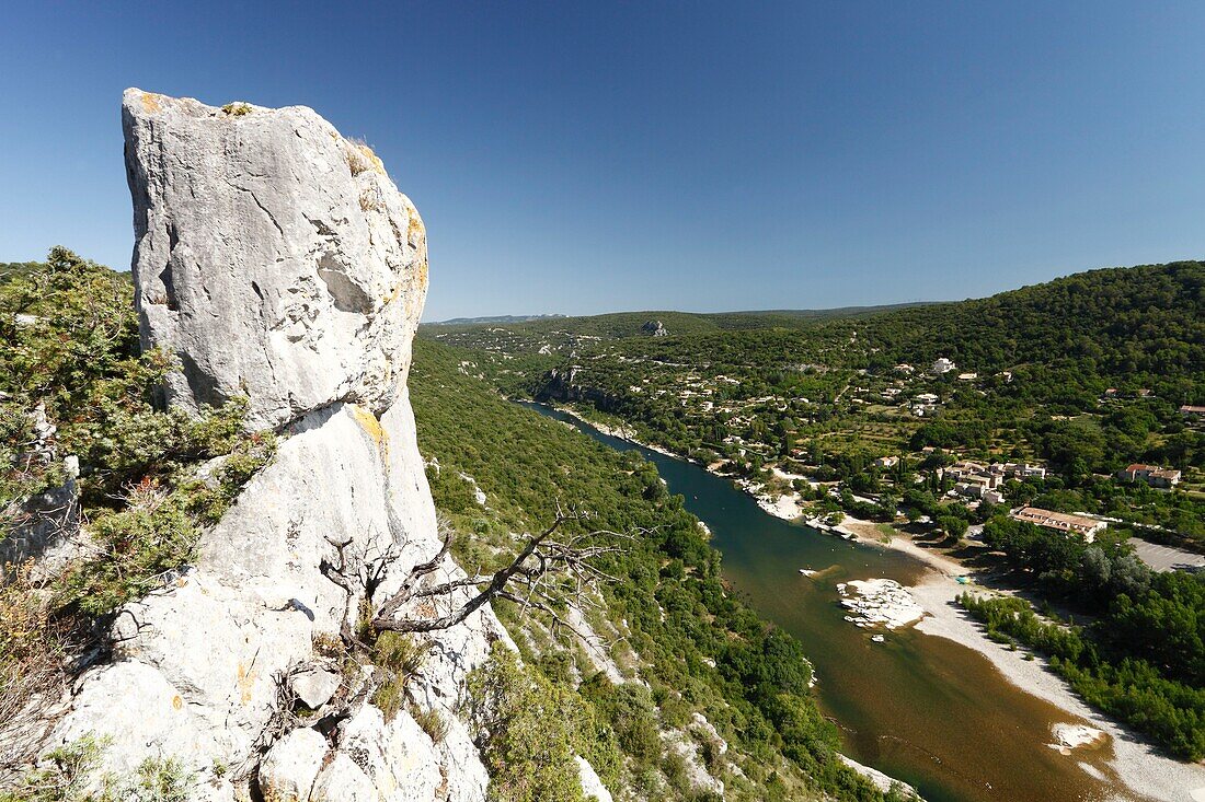 France, Gard, Ardeche Gorges, Aigueze, most beautiful villages of France, view on the Ardeche river above the village from the Castelviel rock\n