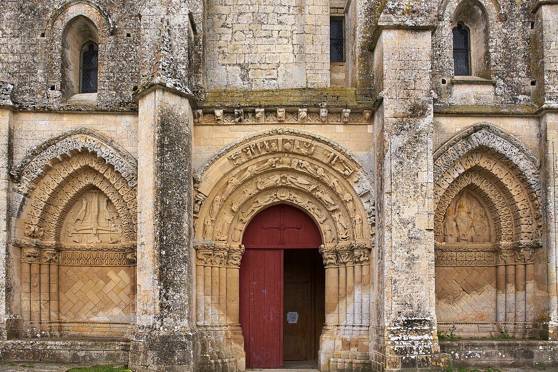 France, Charente Maritime, Aulnay de Saintonge, St. Pierre de la Tour Church inscribed on the World Heritage List by UNESCO, West facade\n