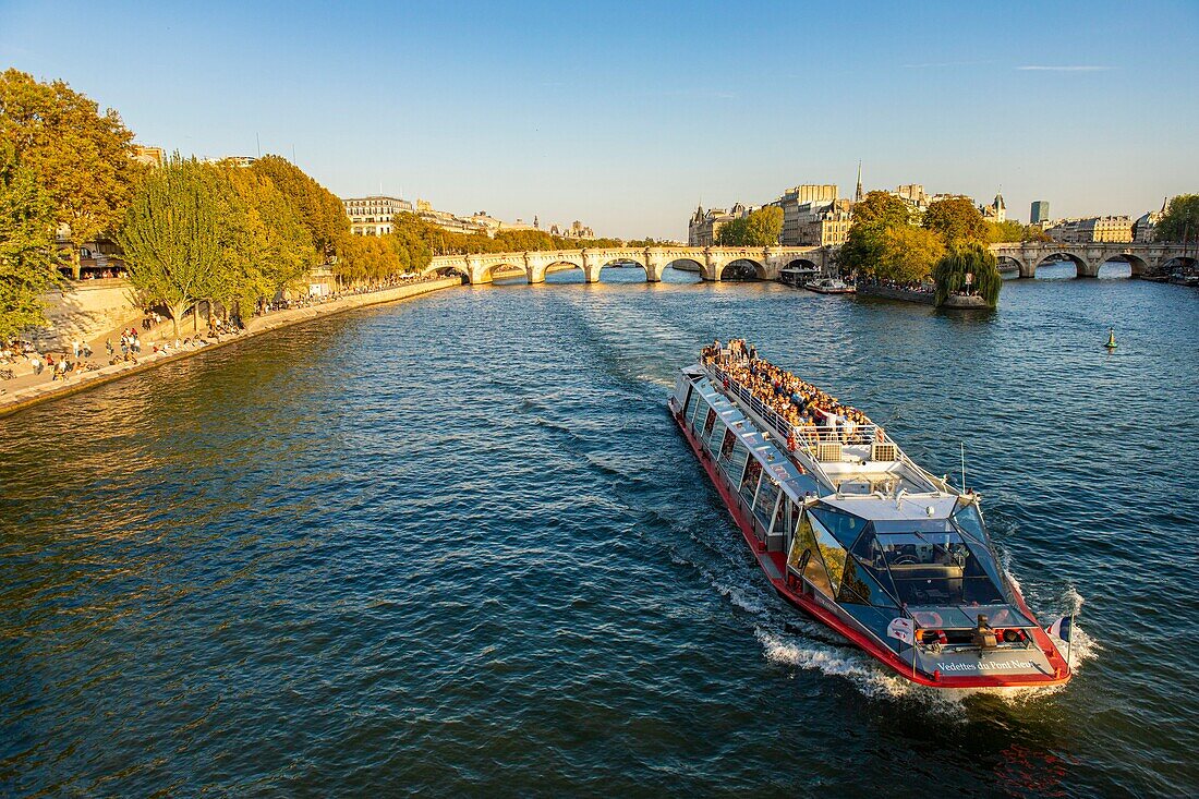 France, Paris, area listed as World Heritage by UNESCO, fly boat in front of Ile de la Cite and Pont Neuf\n