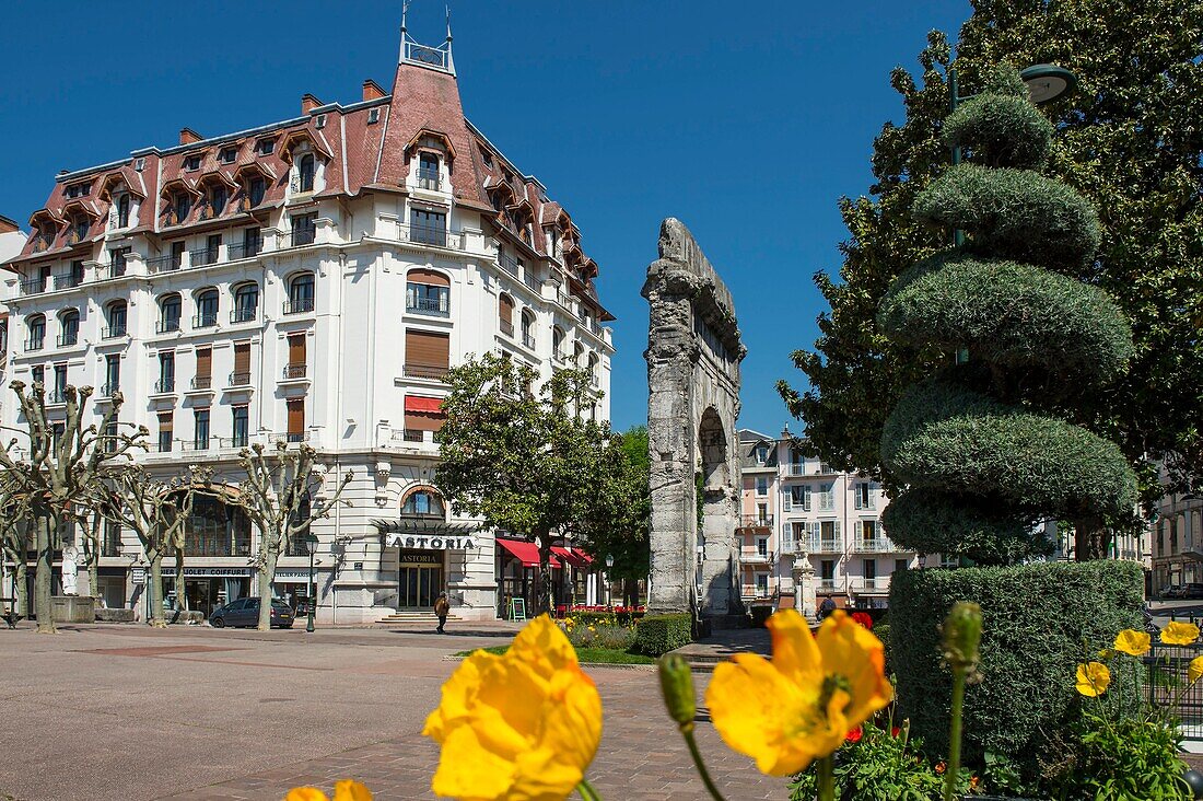 France, Savoie, Aix les Bains, Riviera of the Alps, the Roman Arch of Campanus on the place of the baths and the old hotel Astoria\n