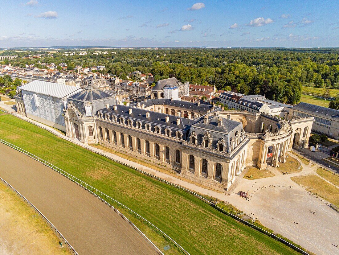 France, Oise, Chantilly, Chateau de Chantilly, the Grandes Ecuries (Great Stables) (aerial view)\n
