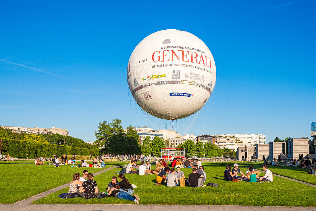 France, Paris, Parc Andre Citroen, the captive balloon to climb to 150m altitude\n