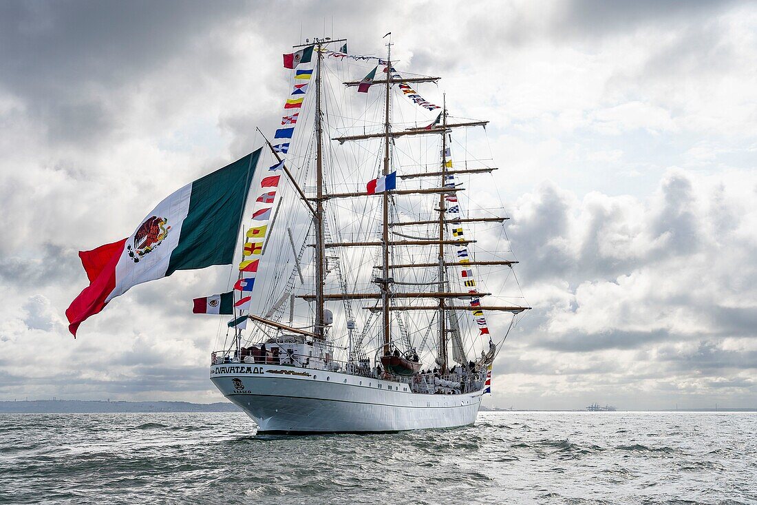 France, Seine Maritime, Le Havre, Armada of Rouen 2019, the three-masted barque Cuauhtemoc in the bay of Seine\n